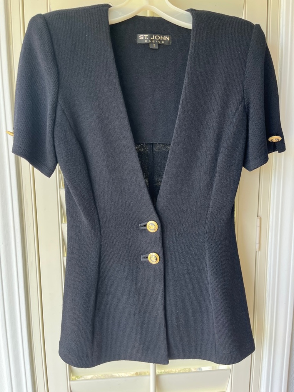 St. John Black Short-Sleeve Knit Blazer with Gold Buttons